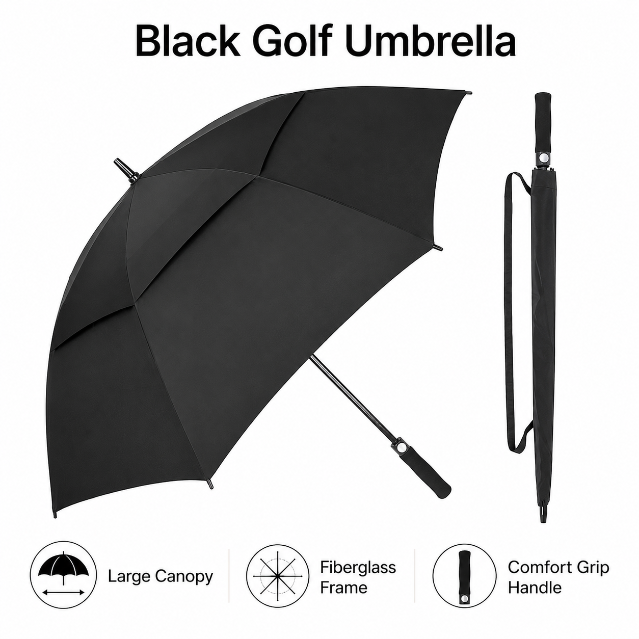 PARPLAY Large Black Golf Umbrella with Double Canopy and Fibreglass Frame
