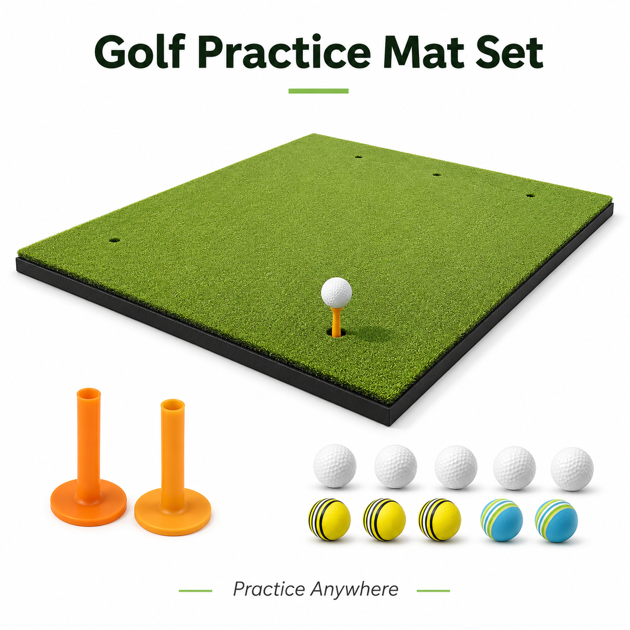 1m × 1m Golf Practice Mat Set with Rubber Tees and Training Balls