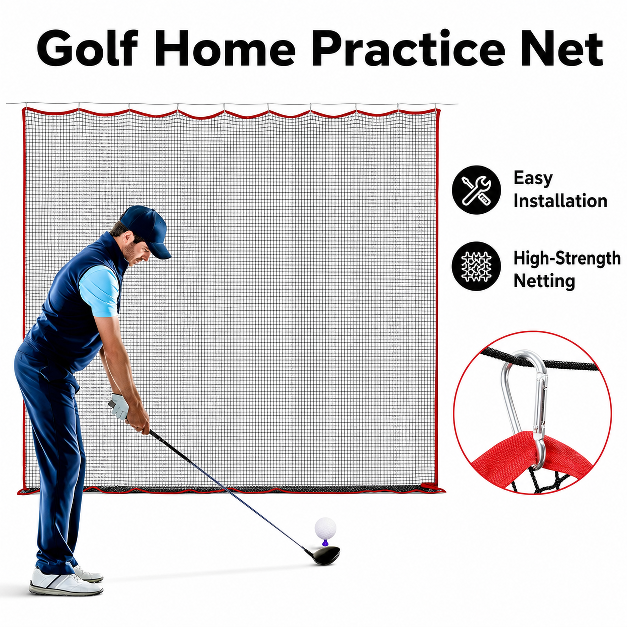 3m × 3m Golf Practice Impact Net with Rope and Carabiner Clips