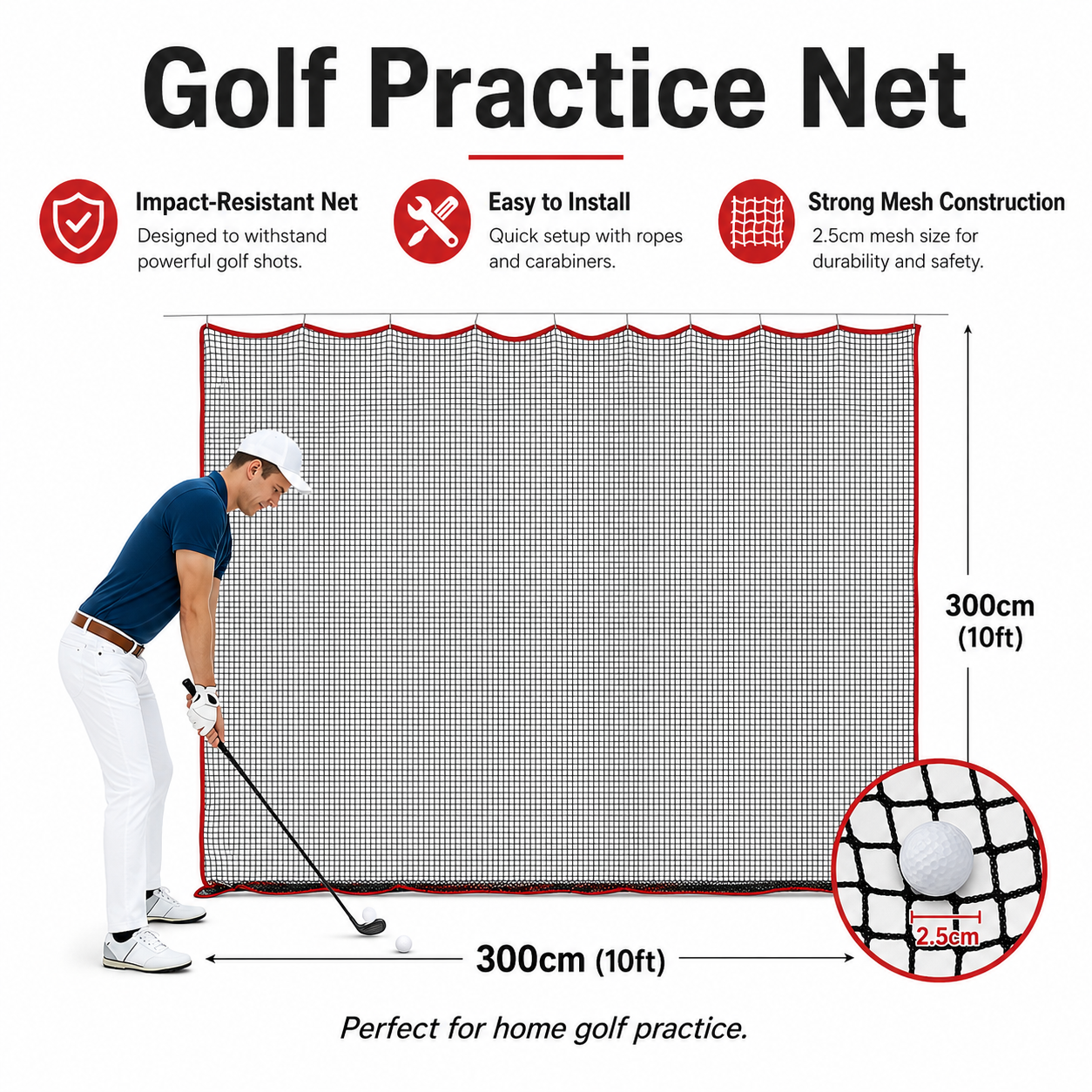 3m × 3m Golf Practice Impact Net with Rope and Carabiner Clips