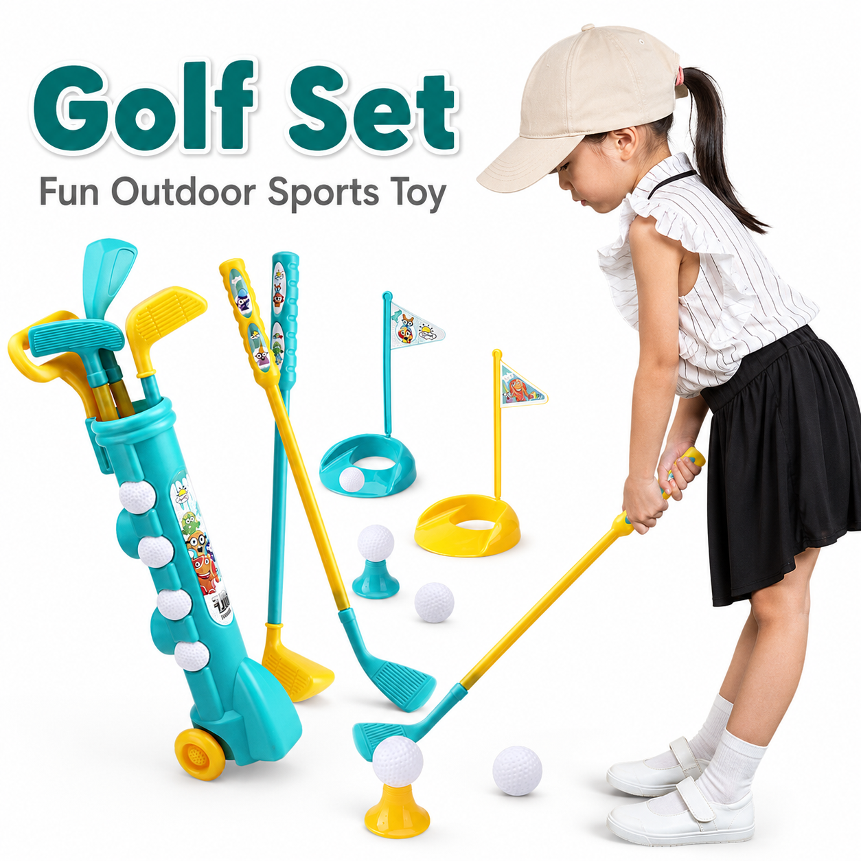 Children’s Golf Toy Set with 3 Clubs, 4 Balls, 2 Flags and Storage Trolley