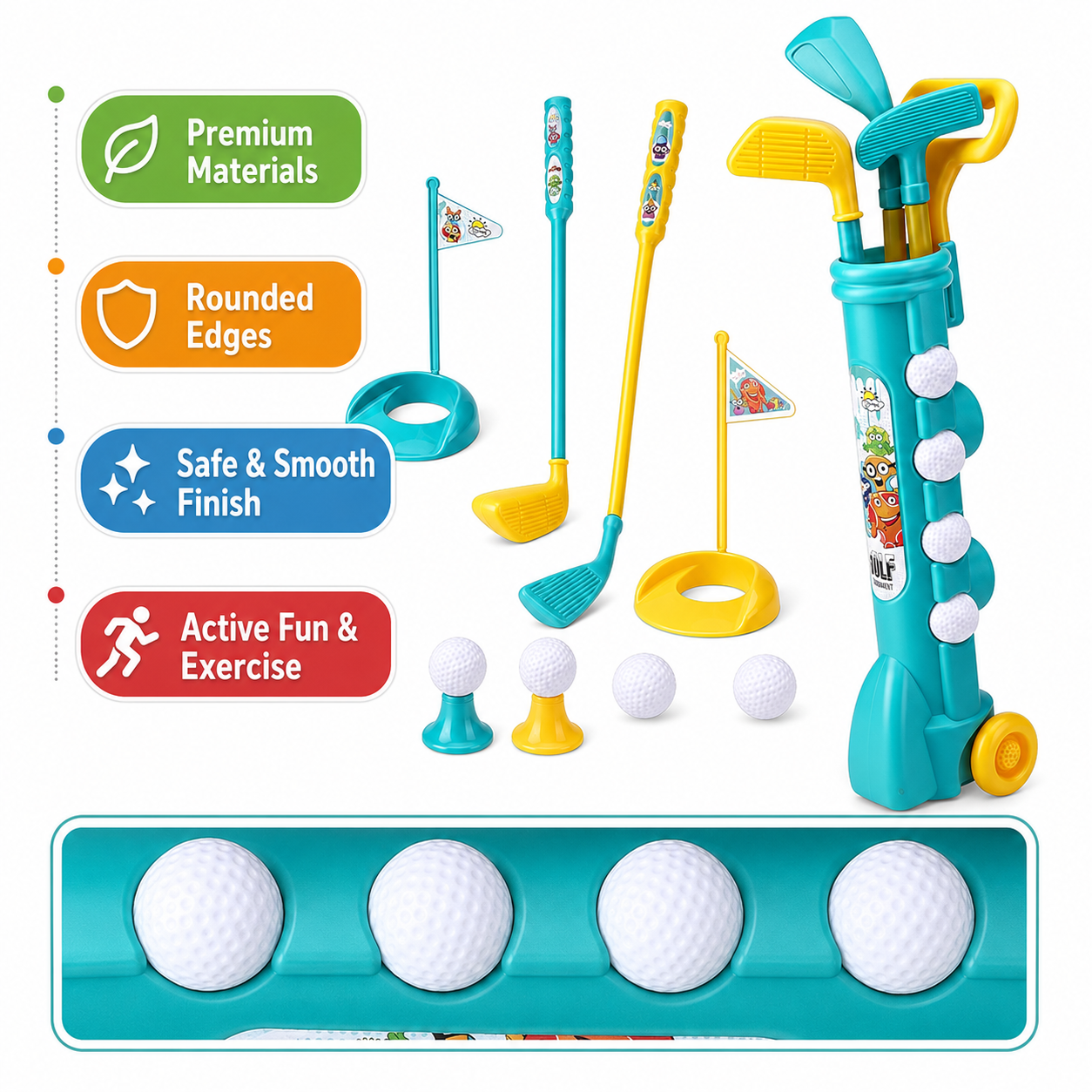 Children’s Golf Toy Set with 3 Clubs, 4 Balls, 2 Flags and Storage Trolley