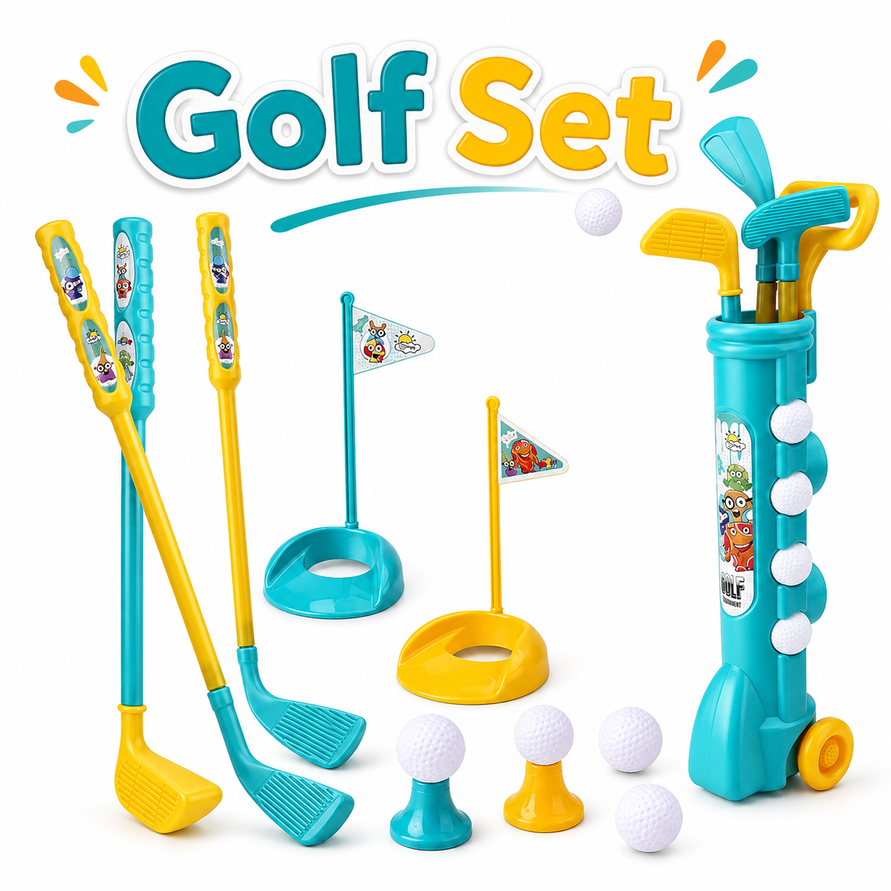 Children’s Golf Toy Set with 3 Clubs, 4 Balls, 2 Flags and Storage Trolley