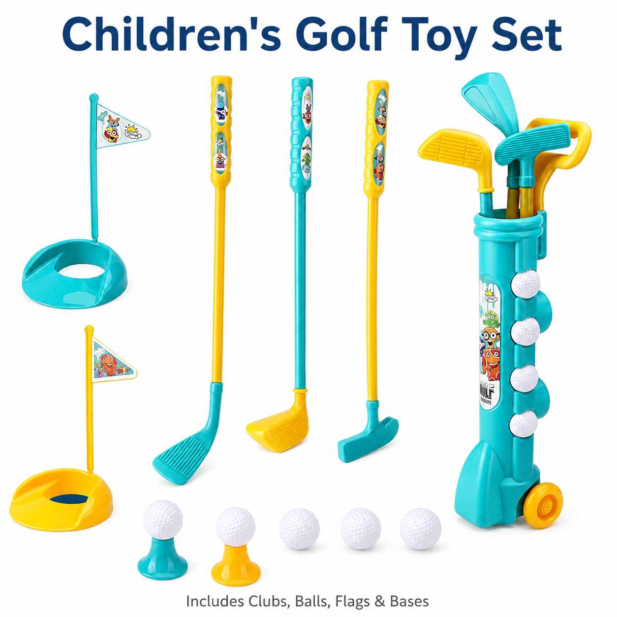 Children’s Golf Toy Set with 3 Clubs, 4 Balls, 2 Flags and Storage Trolley
