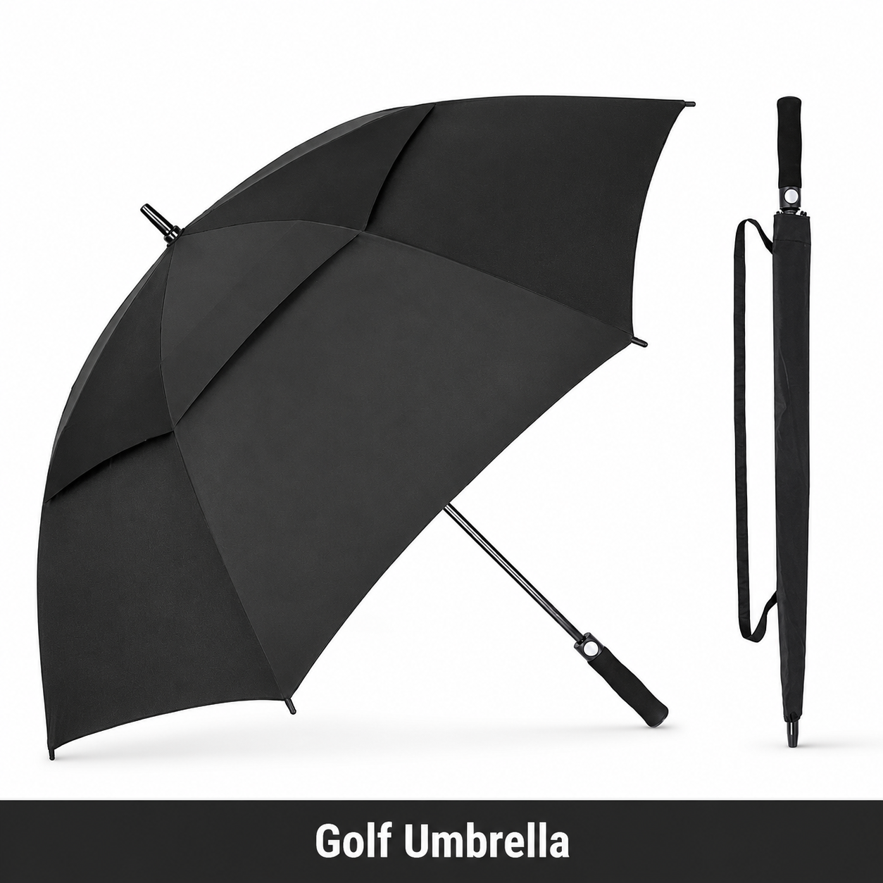 PARPLAY Large Black Golf Umbrella with Double Canopy and Fibreglass Frame