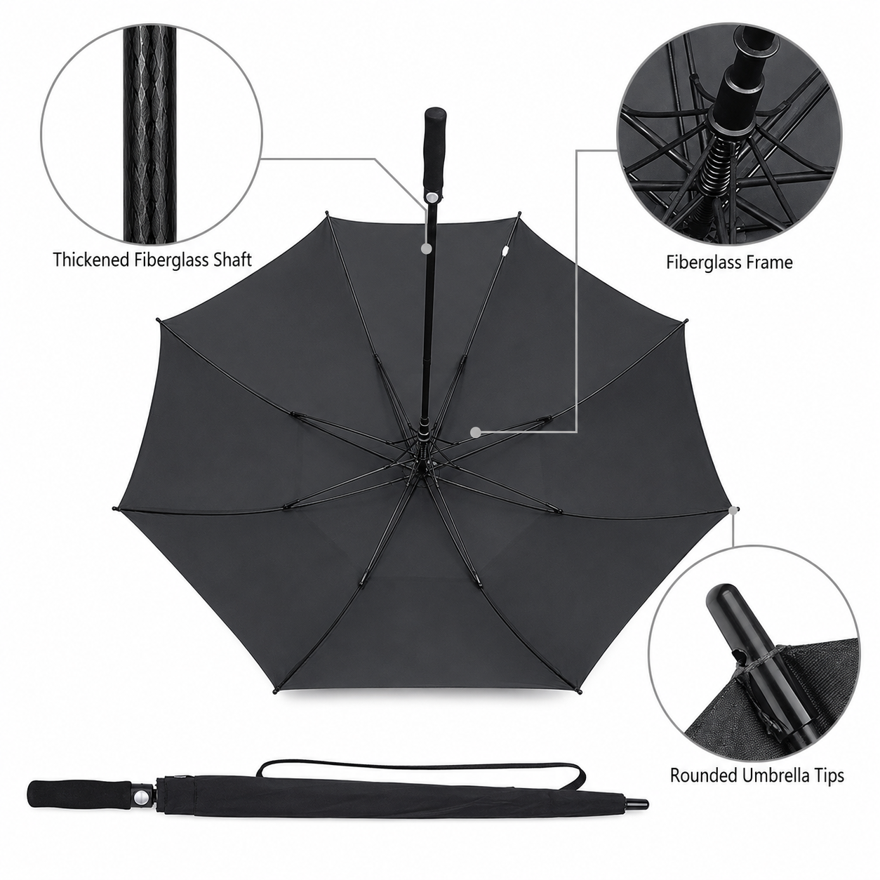 PARPLAY Large Black Golf Umbrella with Double Canopy and Fibreglass Frame