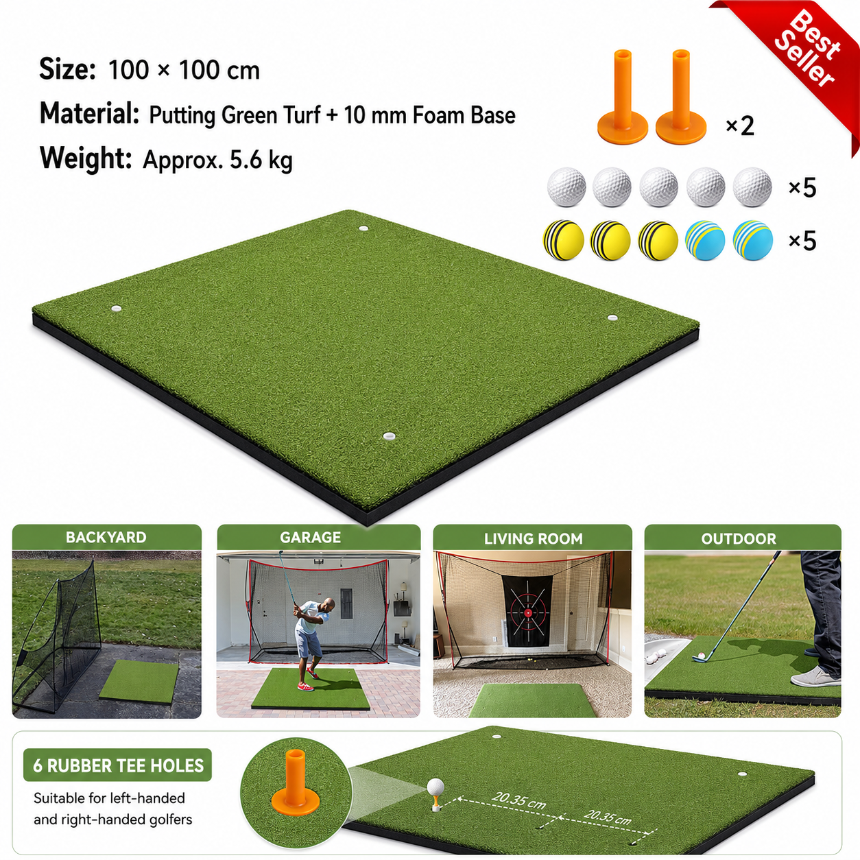 1m × 1m Golf Practice Mat Set with Rubber Tees and Training Balls