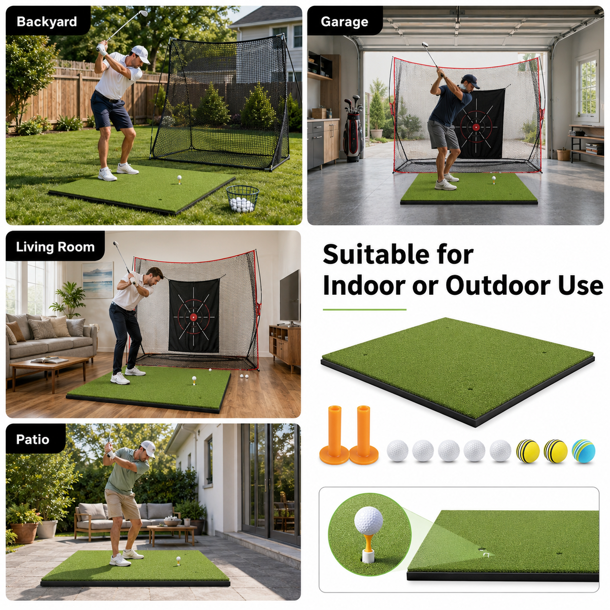 1m × 1m Golf Practice Mat Set with Rubber Tees and Training Balls