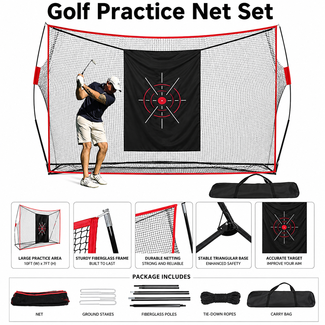 3m × 2.1m Golf Practice Net Set with Target Sheet and Carry Bag