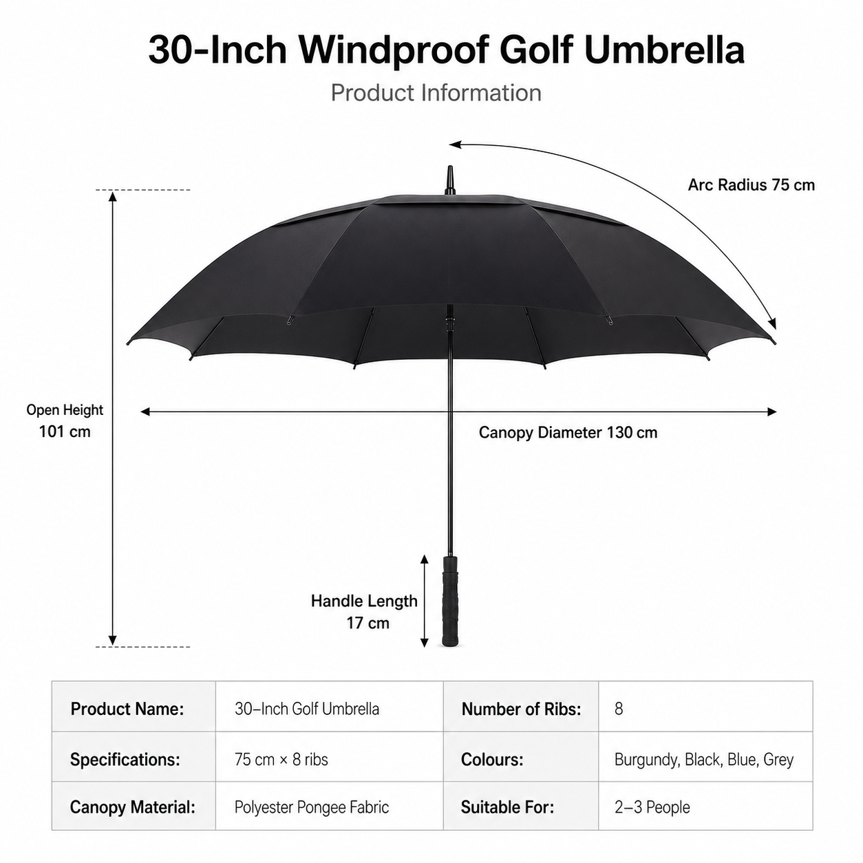 PARPLAY Large Black Golf Umbrella with Double Canopy and Fibreglass Frame